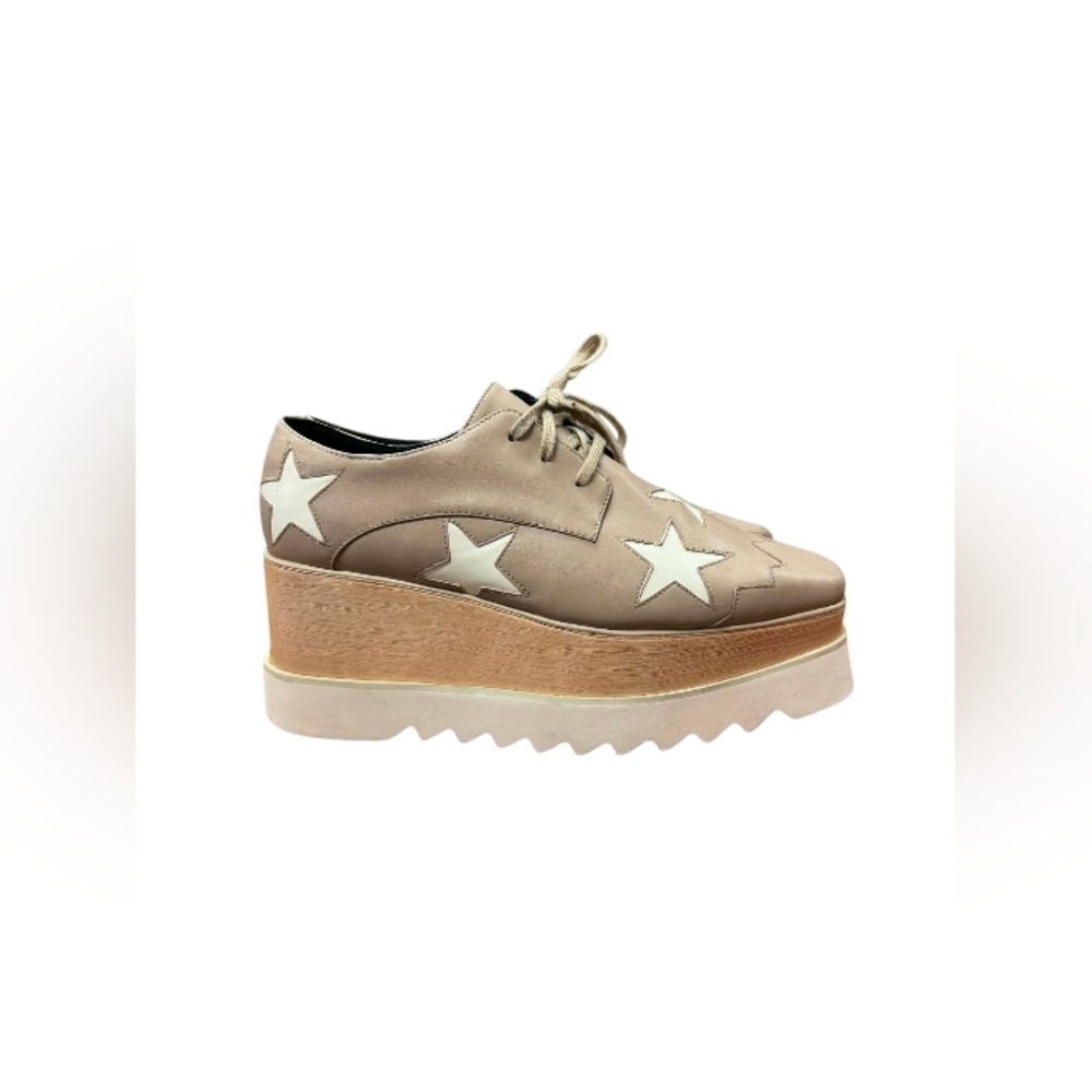 Stella McCartney GUC Elyse Vegan White Star Platform Derby Shoes Taupe Size 38